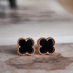 Crne minđuše detelina - rose gold (srebro 925)